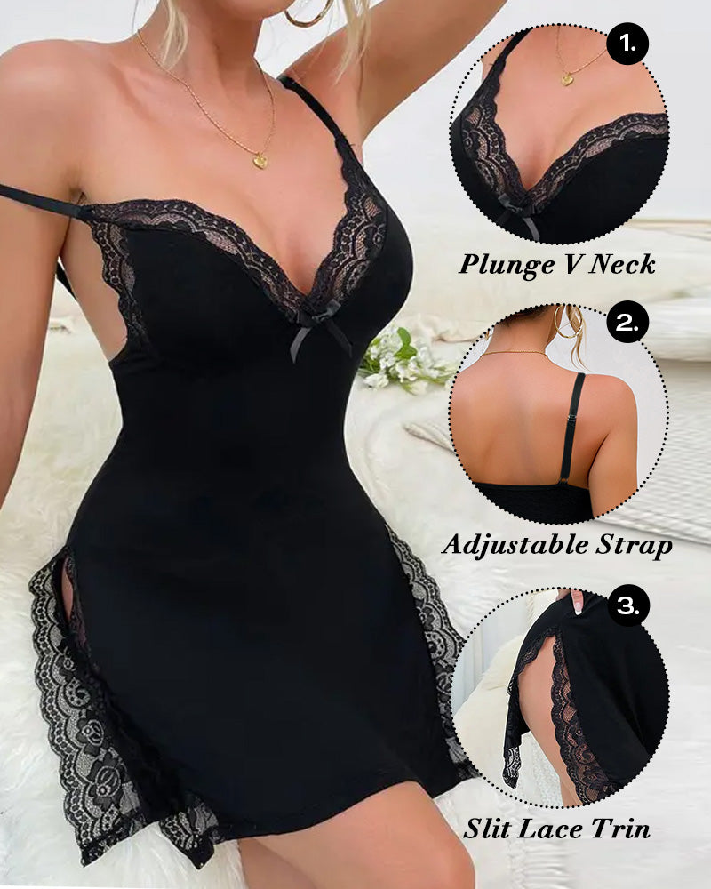 Lace Trim Adjustable straps Side Slit Bowknot Decor Modal Cami Sleep Dress
