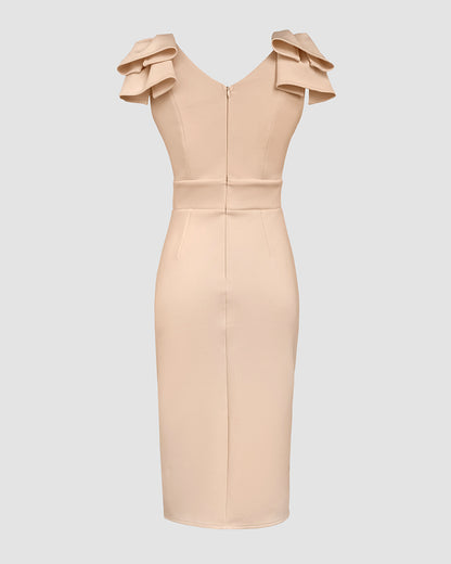 Bowknot Decor Deep V-Neck Sleeveless Slit Party Dress Ruched Zipper Back Slim Fit Midi Dress