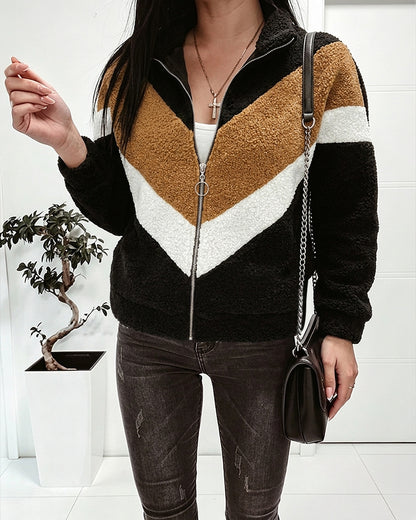 CHICMELIVE Women's Sherpa Jacket Casual Color-Blocked Zip Up Winter Coat