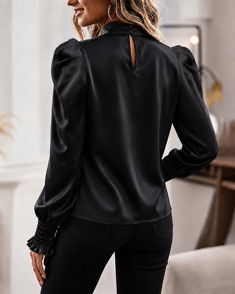 Women's Satin Blouse Mock Neck Puff Sleeve Shirt Back Tie Bow Elegant Ruched Shirt Shirred Frill Cuff Work Top