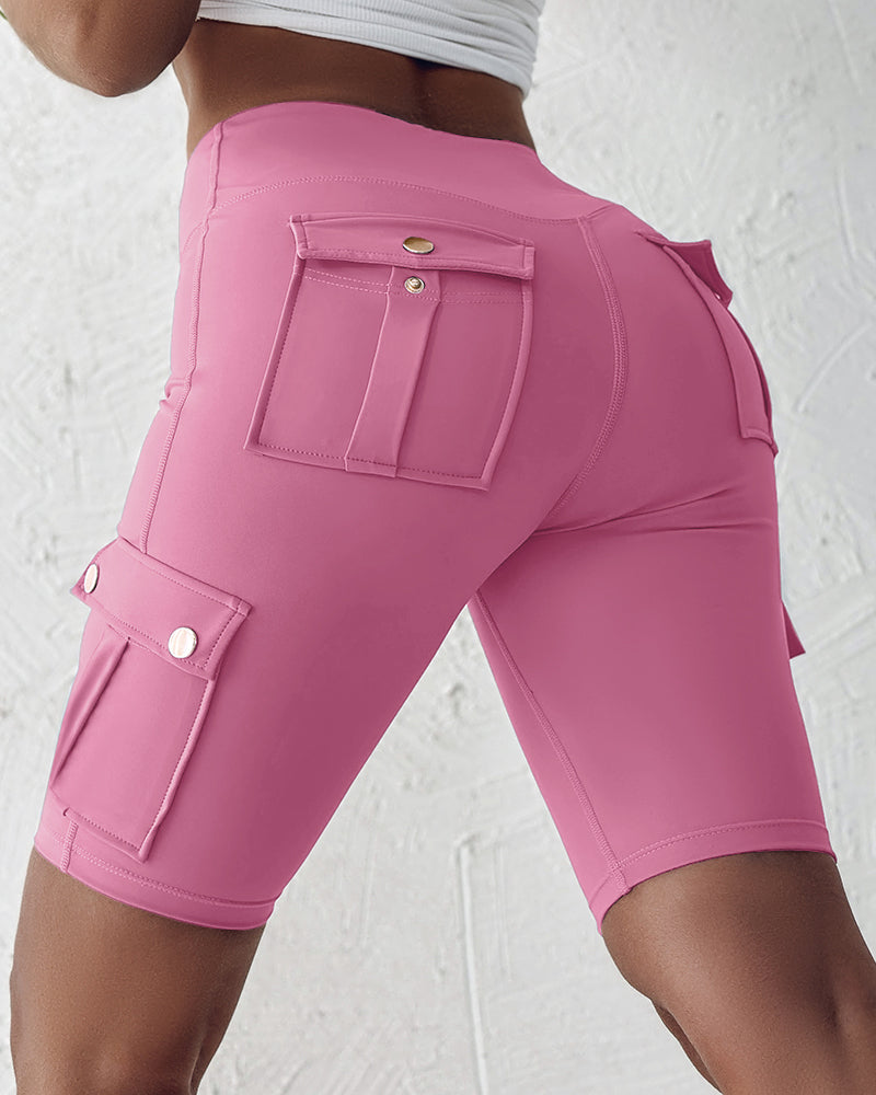 Tummy Control Butt Lifting Active Shorts High Waist Flap Pocket Workout Bermuda Cargo Running Shorts