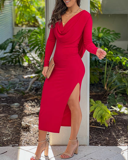 Backless Cowl Neck Long Sleeve Slit Dress Casual Back Lace Up Slim Fit Party Dress