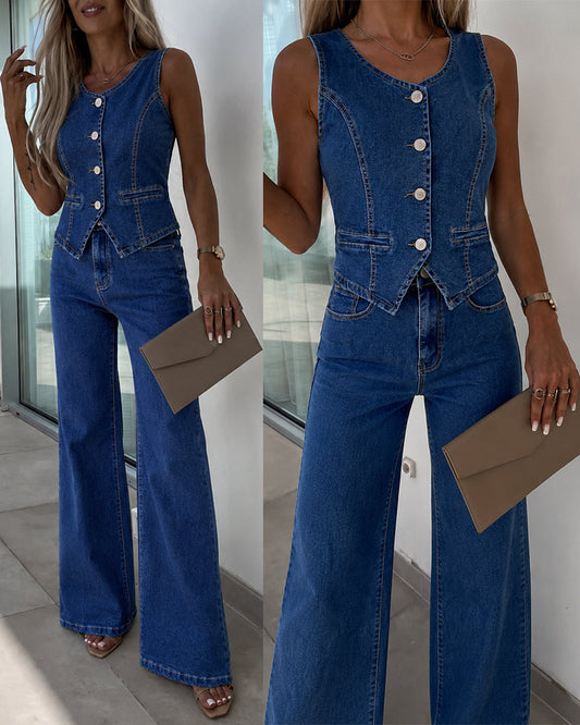 Women's Denim Set Sleeveless Button Down Crop Top and High Waist Straight Leg Jeans Casual Matching Set