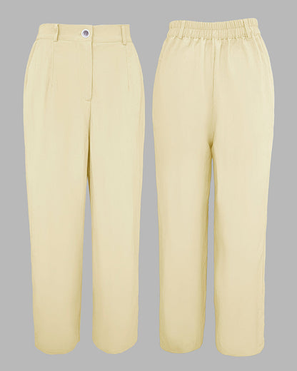2 Pieces Outfit Turn-down Collar Turn-Up Sleeves Button Front Flap Pockets Design Top and Causal Zipper Fly Elastic Back Waist Wide Leg Pants Set