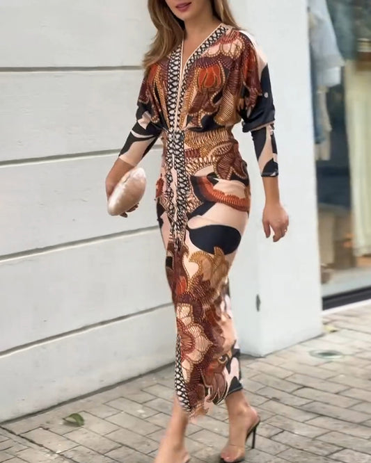 Vintage Baroque Deep V Neck Long Sleeve Slit Bodycon Dress Ruched Slim Fit Vacation Dress