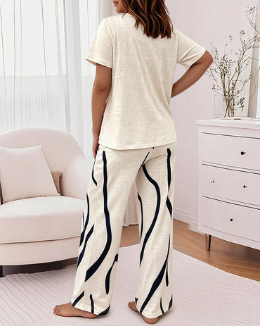 Women's 2 Piece Pajama Set Heart & Letter Top and High Waisted Abstract Print Pants Casual Loungewear with Pockets