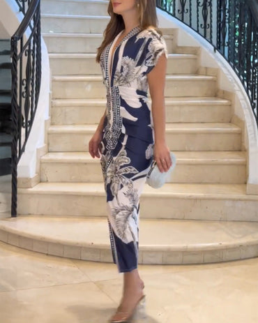 Tropical Print Deep V Neck Ruched Waist-Gathered Dress Front Slit Slim Fit Vacation Dress