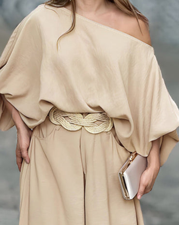 Skew Neck Lantern Sleeve Loose Top & Zipper Fly Wide Leg Pants Set without Belt