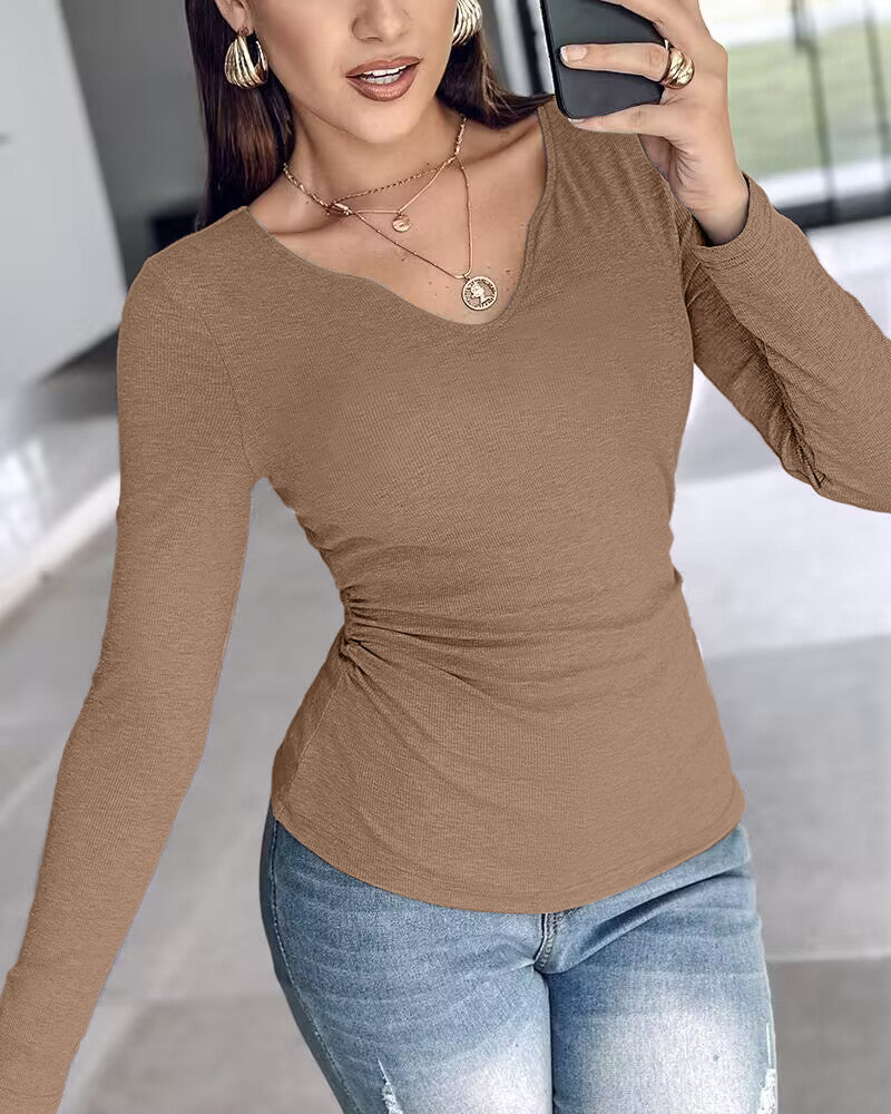 ChicMe Built-in Bra Notch Neck Long Sleeve Shirts Rib-Knit Ruched Waist Top