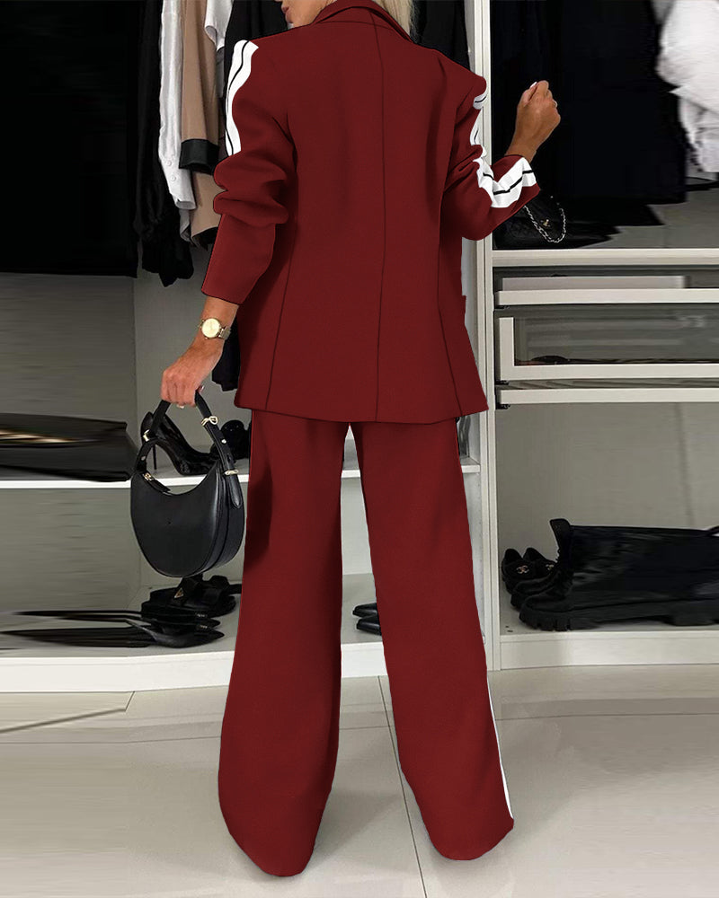 2 Pieces Outfit Notched Collar Single Breasted Pockets Design Coat and Elastic Waist Seam Front Wide Leg Pants Set Casual Contrast Side Striped Blazer Set