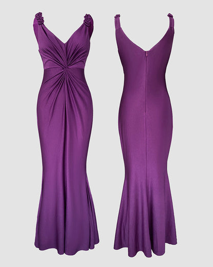Deep V-Neck Braided Straps Twist Front Cinched Waist Evening Dress Casual Zipper Back Mermaid Hem Satin Maxi Dress