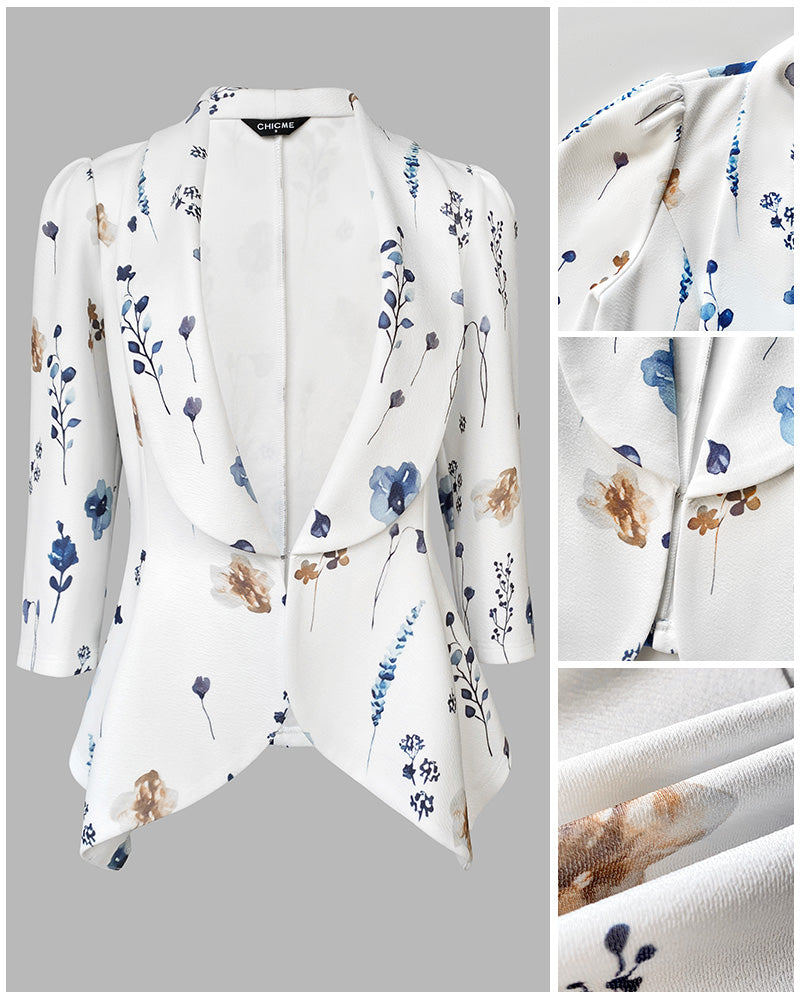 Floral Print Shawl Collar Three Quarters Sleeve Open Front Coat Casual Cinched Waist Flared Hem Blazer Coat