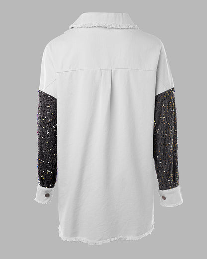 Casual Jacket Sequin Patchwork Long Sleeve Jacket Top Button Front Raw Hem Oversized Denim Shacket
