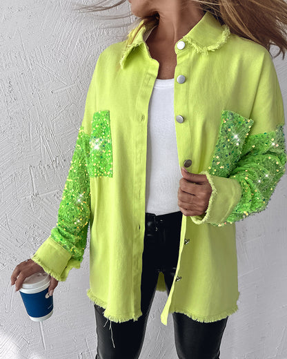 Casual Jacket Sequin Patchwork Long Sleeve Jacket Top Button Front Raw Hem Oversized Denim Shacket