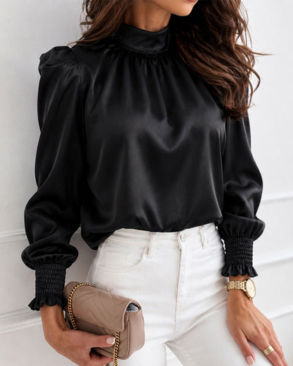 Women's Satin Blouse Mock Neck Puff Sleeve Shirt Back Tie Bow Elegant Ruched Shirt Shirred Frill Cuff Work Top
