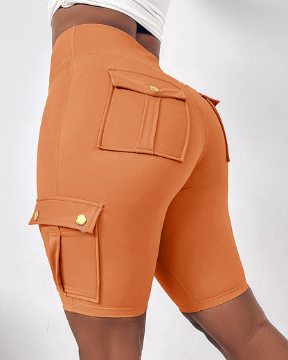 Tummy Control Butt Lifting Active Shorts High Waist Flap Pocket Workout Bermuda Cargo Running Shorts