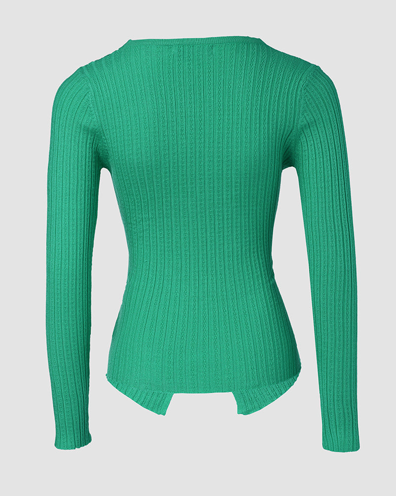 Rhinestone Decor Overlap V-Neck Long Sleeve Knit Sweater Asymmetrical Hem Slim Fit Textured Pullover Top
