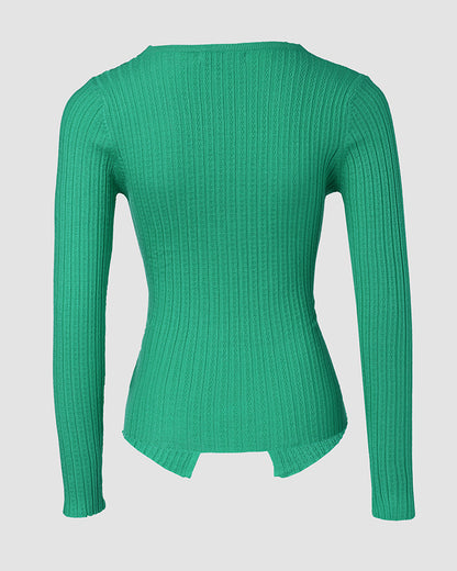 Rhinestone Decor Overlap V-Neck Long Sleeve Knit Sweater Asymmetrical Hem Slim Fit Textured Pullover Top