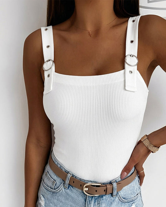 Women's Ribbed Knit Tank Top Square Neck Slim Fit Cami Top Adjustable Eyelet Strap Backless Top