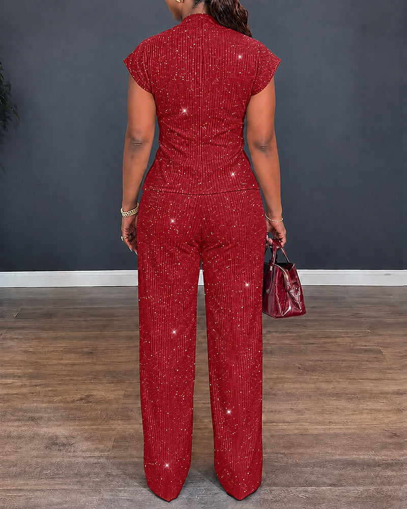 CHICMELIVE Women's 2 Piece Outfits Glitter Twist Top Wide Leg Pants Set