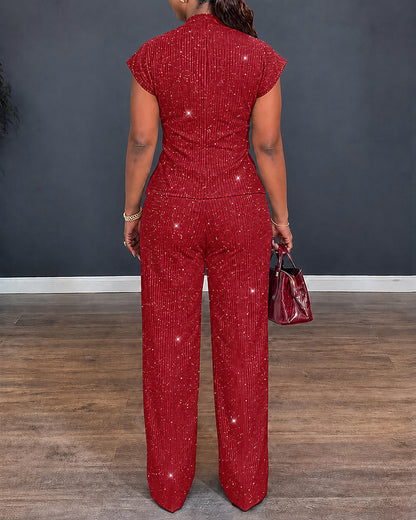 CHICMELIVE Women's 2 Piece Outfits Glitter Twist Top Wide Leg Pants Set