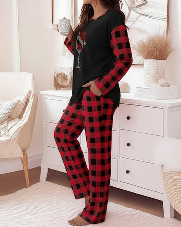 2 Pieces Outfit Rhinestone Christmas Santa Hat & Wine Glass Graphic Plaid Print Spliced Colorblock Long Sleeve Top and Plaid Print Elastic Waist Pants Set Casual Pajamas Set