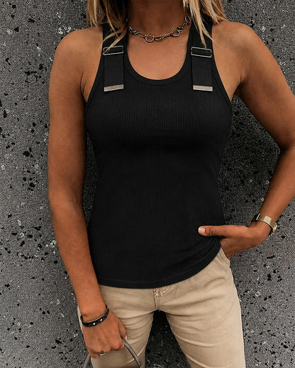 CHICMELIVE Women's Buckle Decor Ribbed Tank Tops Cami Shirts