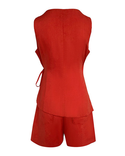 2 Pieces Outfit Plain Wrap V Neck Criss Cross Tied Detail Linen Top and Casual Pockets Patch Shorts Set