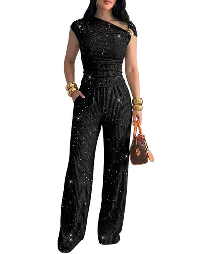 CHICMELIVE Women's Glitter 2 Piece Set One Shoulder Top Wide Leg Pants