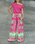 ChicMeLive Women's 2 Piece Set Skew Neck Drawstring Top and High Waisted Wide Leg Tropical Print Pants with Pockets