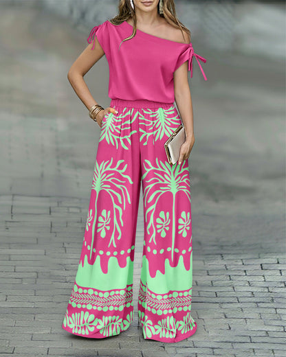 ChicMeLive Women's 2 Piece Set Skew Neck Drawstring Top and High Waisted Wide Leg Tropical Print Pants with Pockets