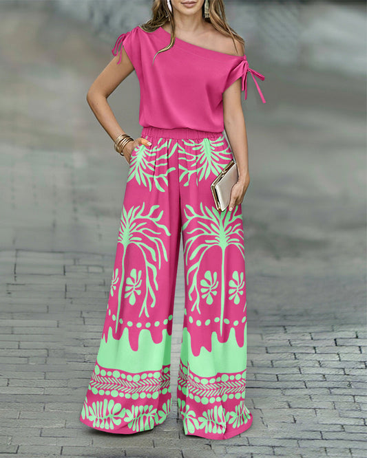 ChicMeLive Women's 2 Piece Set Skew Neck Drawstring Top and High Waisted Wide Leg Tropical Print Pants with Pockets