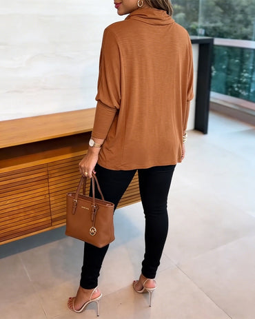 Women's Cowl Neck Batwing Sleeve Top Casual Long Sleeve Loose Pullover Comfortable Soft Drape Blouse
