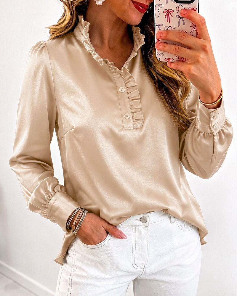 Women's Satin Frill Hem Blouse Long Sleeve Half Button Shirt Elegant Stand Collar Office Work Top