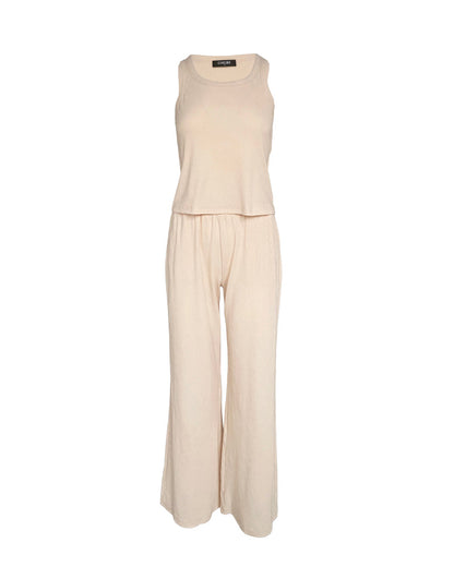 2 Piece Loungewear Set U-Neck Sleeveless Ribbed Tank Top and Stretchy High Waist Straight Leg Pocket Design Pants Tracksuit