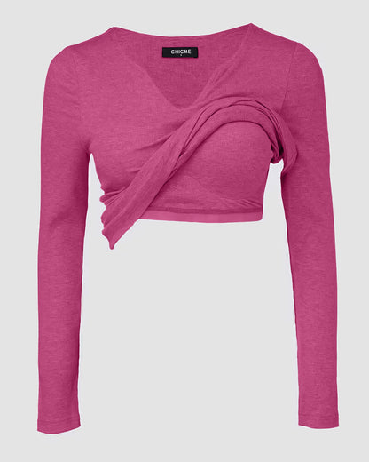 ChicMe Built-in Bra Notch Neck Long Sleeve Shirts Rib-Knit Ruched Waist Top