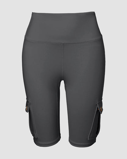 Tummy Control Butt Lifting Active Shorts High Waist Flap Pocket Workout Bermuda Cargo Running Shorts