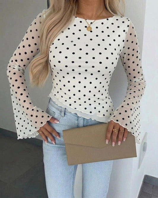 Women's Polka Dot Mesh Top Flare Long Sleeve Boat Neck Lined Asymmetric Frill Hem Blouse Vintage Party Shirt