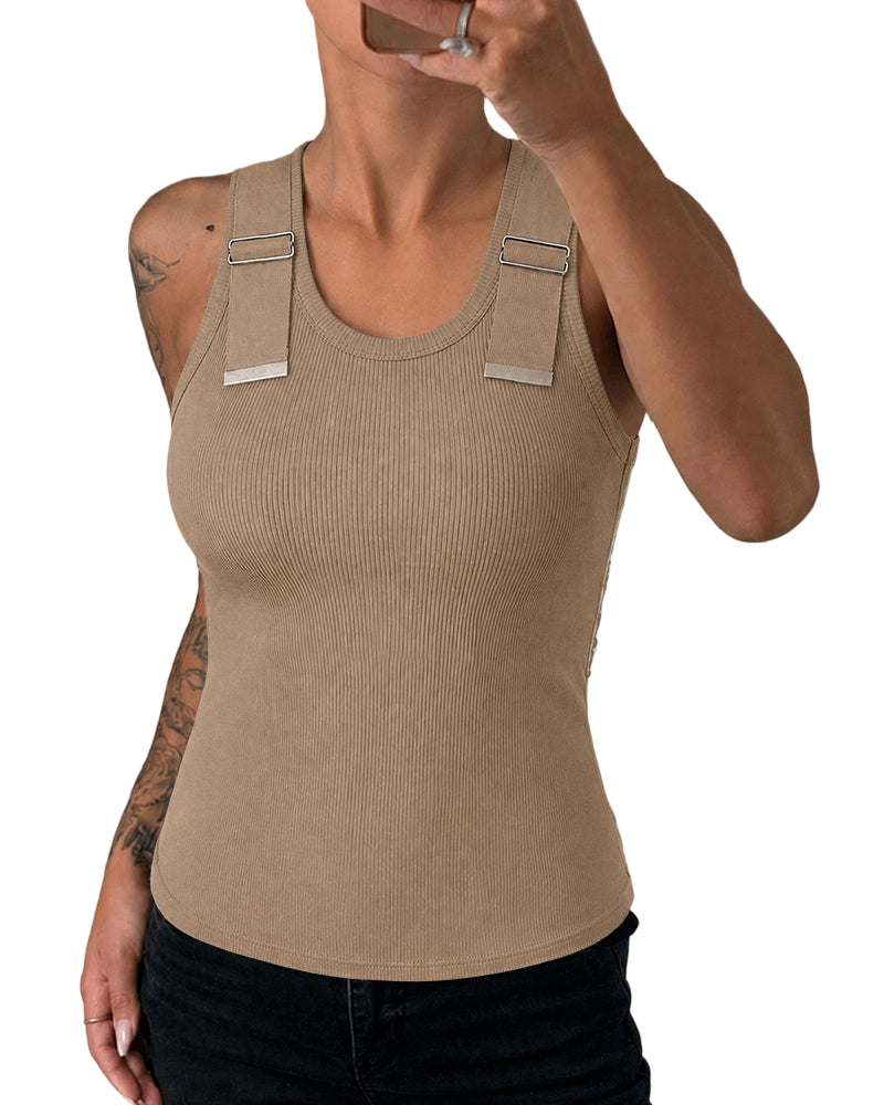 CHICMELIVE Women's Buckle Decor Ribbed Tank Tops Cami Shirts