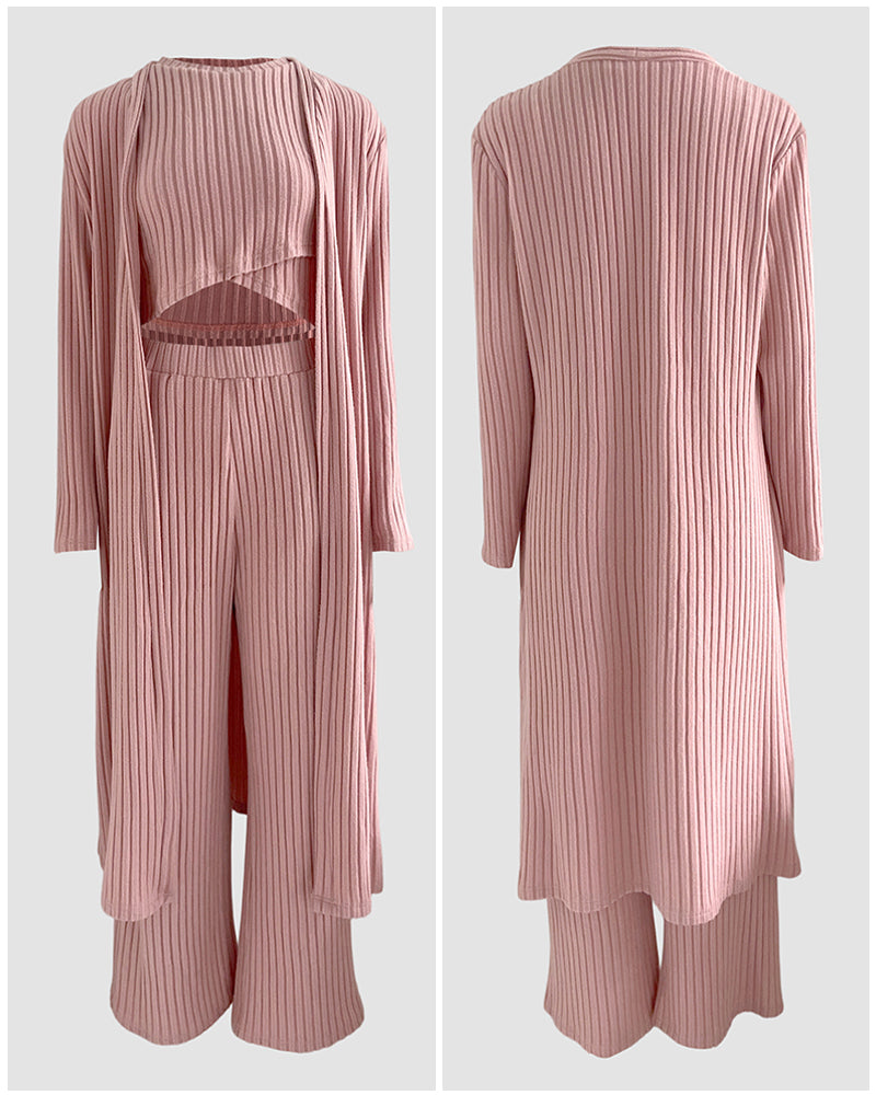 CHICMELIVE Women's 3 Piece Lounge Set Ribbed Cardigan Tank Wide Leg Pant
