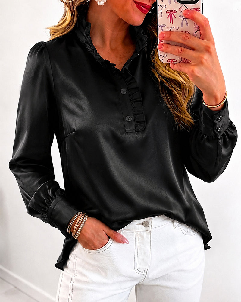Women's Satin Frill Hem Blouse Long Sleeve Half Button Shirt Elegant Stand Collar Office Work Top