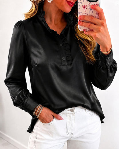 Women's Satin Frill Hem Blouse Long Sleeve Half Button Shirt Elegant Stand Collar Office Work Top