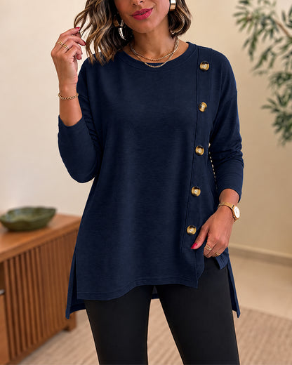 CHICMELIVE Womens Long Sleeve Tops with Buttons Dressy Casual Crewneck Shirts