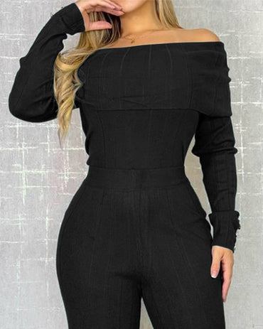 2 Pieces Outfit Button Decor Foldover Off Shoulder Slim Fit Top and Elastic Waist Wide Leg Pants Set Casual Ribbed Set