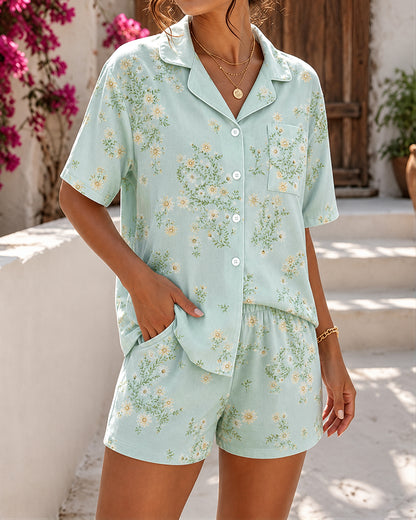 Women's 2 Piece Pajama Set Anchor Print Notched Collar Top and Striped Shorts Casual Loungewear Set