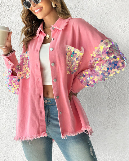 Contrast Sequin Long Sleeve Jacket Top Button Front Raw Hem Loose Fit Shacket