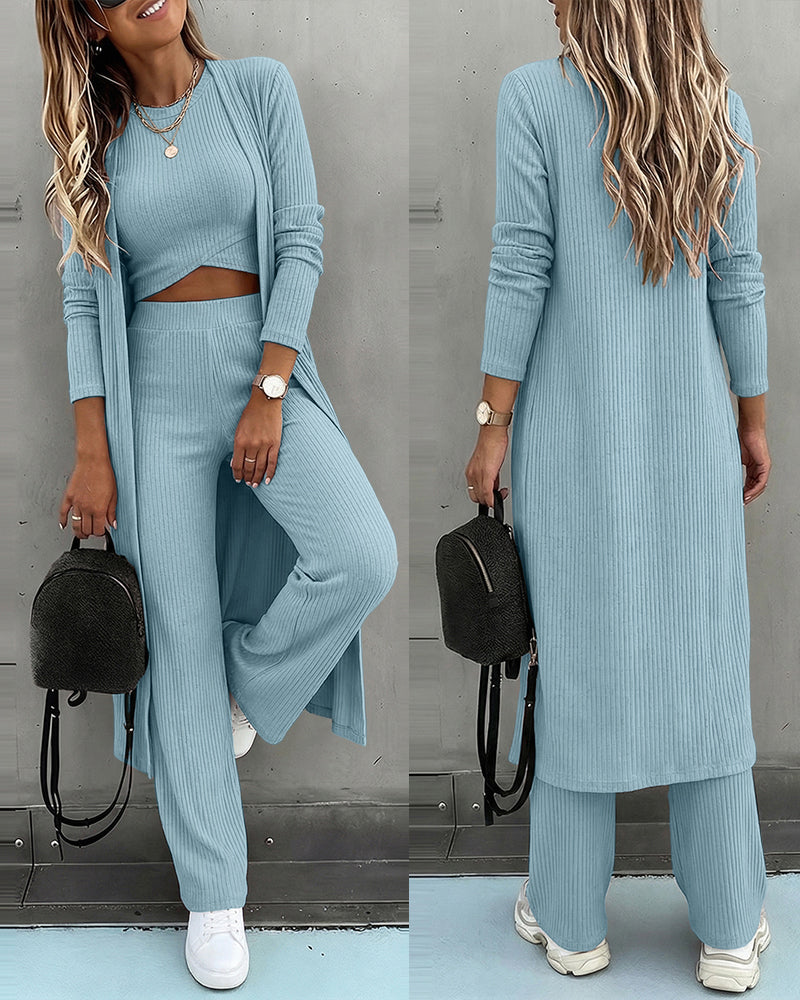 CHICMELIVE Women's 3 Piece Lounge Set Ribbed Cardigan Tank Wide Leg Pant