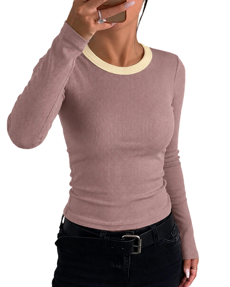 CHICMELIVE Women's Ribbed Long Sleeve Shirts Contrast Crewneck Fitted Basic Tee