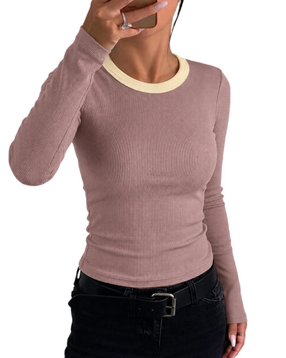 CHICMELIVE Women's Ribbed Long Sleeve Shirts Contrast Crewneck Fitted Basic Tee