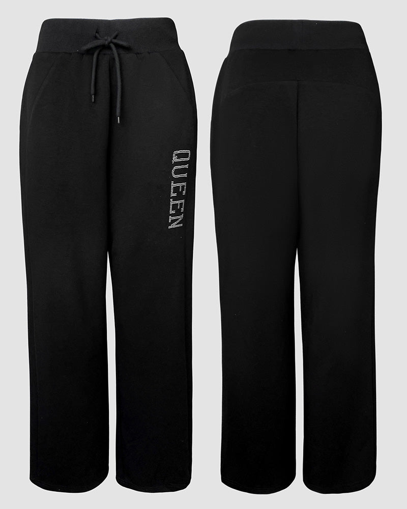 2 Pieces Outfit 3D Design Crop Drawstring Hoodie Top and Drawstring Elastic Waist Wide Leg Sweatpants Set Casual Rhinestone Letter Pattern Sweatshirt Set